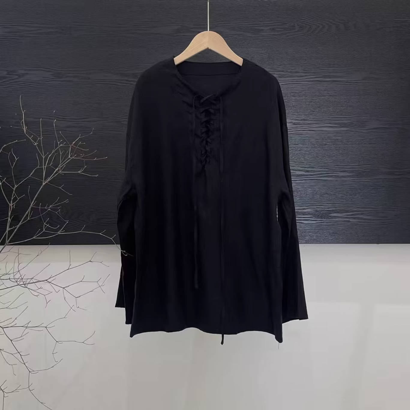 Casual Linen Round Neck Lace-Up Long Sleeves Thin Top