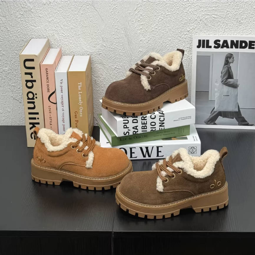 Women Retro Leather Sueded Thick Sole Platform Plush Warm Shoes