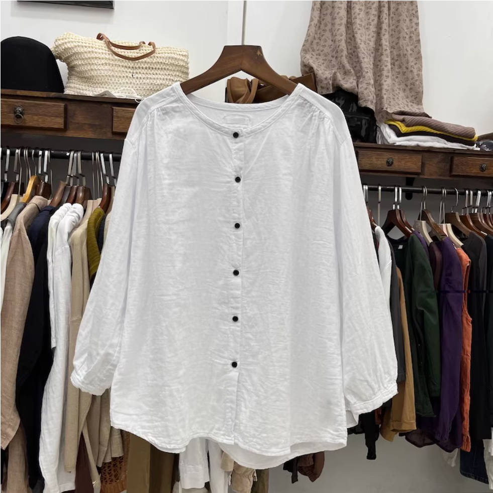 Round Neck Cotton Linen Loose Single-Breasted Shirt