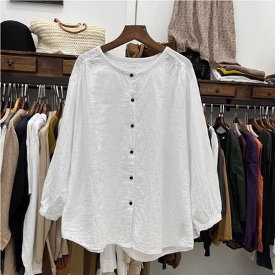 Round Neck Cotton Linen Loose Single-Breasted Shirt