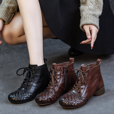 Women Retro Cowhide Round Toe Woven Lace-Up Chunky Boots