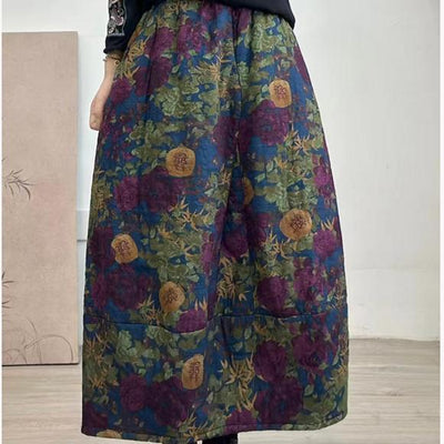 Women Winter Quilted Cotton Linen Floral A-Line Midi Skirt