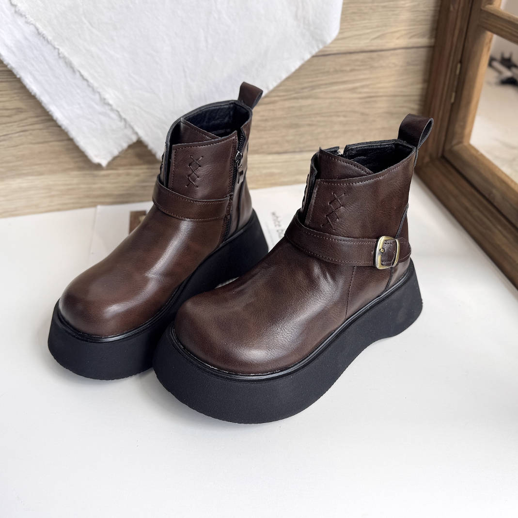 Women Retro Leather Platform Warm Versatile Zipper Ankle Boots