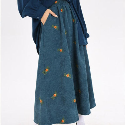 Women Vintage Corduroy Embroidered Floral High-Waist Thick A-Line Skirt