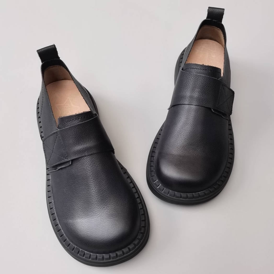 Ballerines souples en cuir véritable, bout rond et large, grandes tailles, à scratch