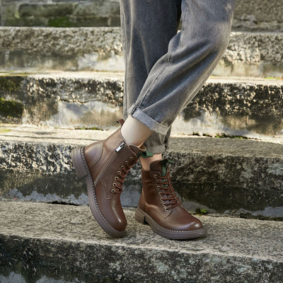 Casual Retro Leather Round ToeThick Sole No-Slip Zipper Ankle Boots