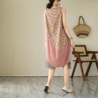 Babakud Women Patchwork Cotton Linen Midi Dress