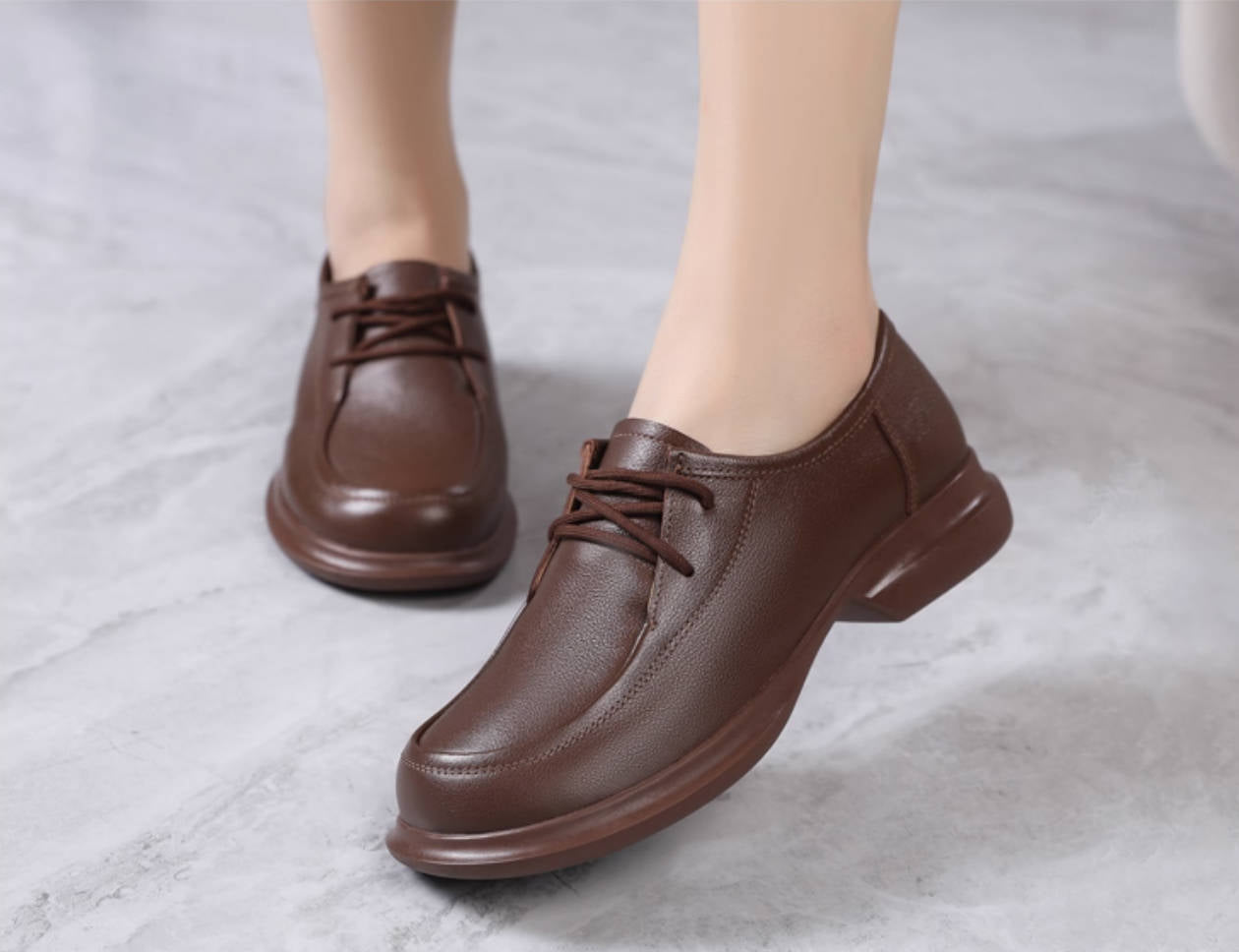 Autumn Leather Casual Wide Round Toe Lace-Up Chunky Shoes