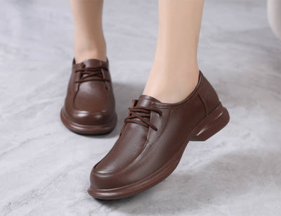 Autumn Leather Casual Wide Round Toe Lace-Up Chunky Shoes