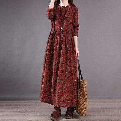 Linen Printed Floral Round Neck Long Sleeves Thin A-Line Dress