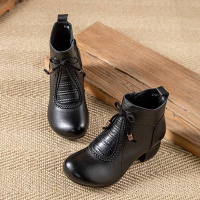Ethnic Style Leather Chunky Heel Round Toe Side Zipper Boots