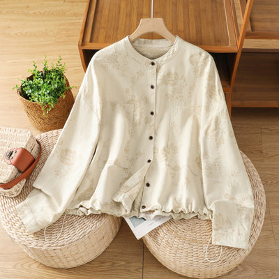 Bohemian Print Linen Shacket Stand Collar Long Sleeve Oversized Top