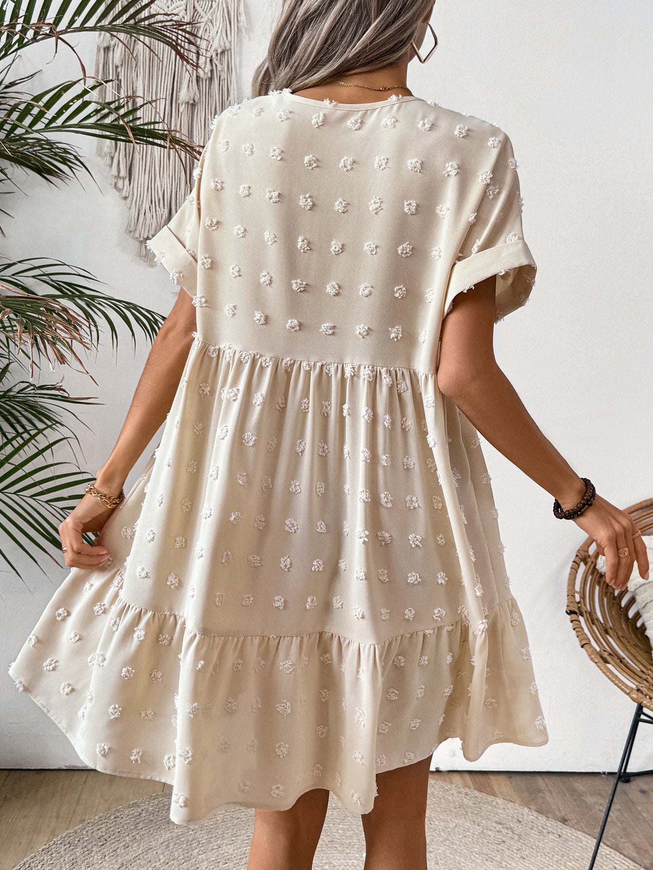 Casual V-Neck Solid Color Loose Roll-Up Sleeve Ruffled Dress