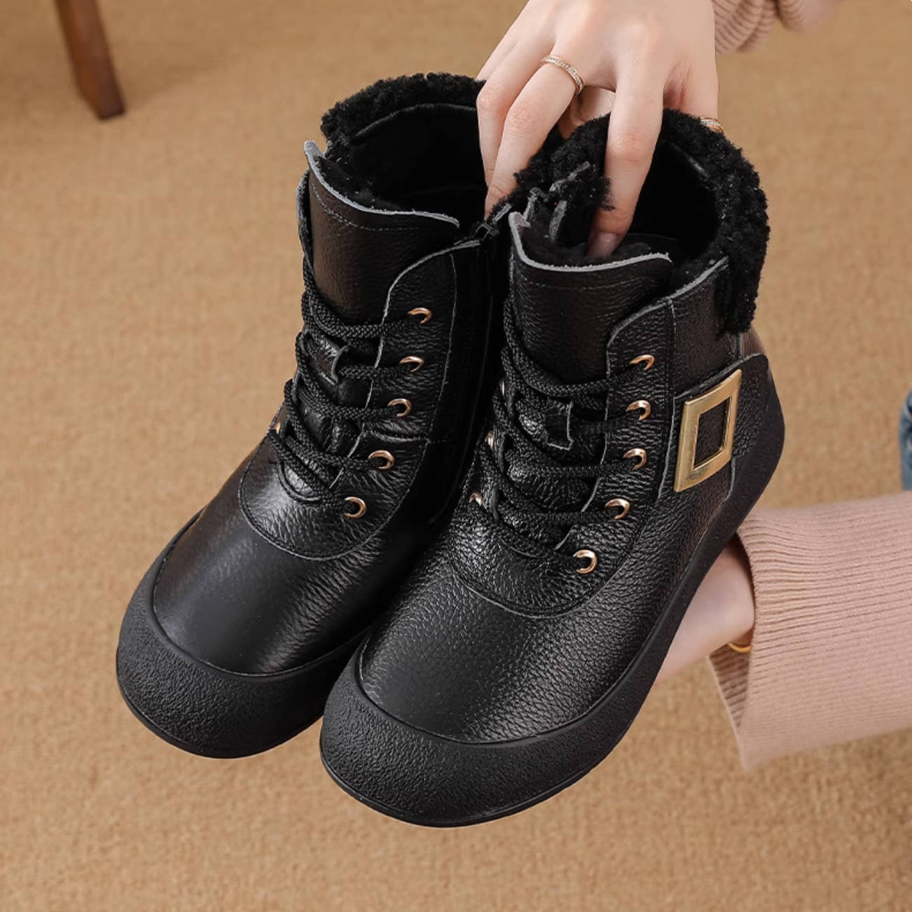 Genuine Top Leather Warm Casual Round Toe Soft Sole Ankle Boots