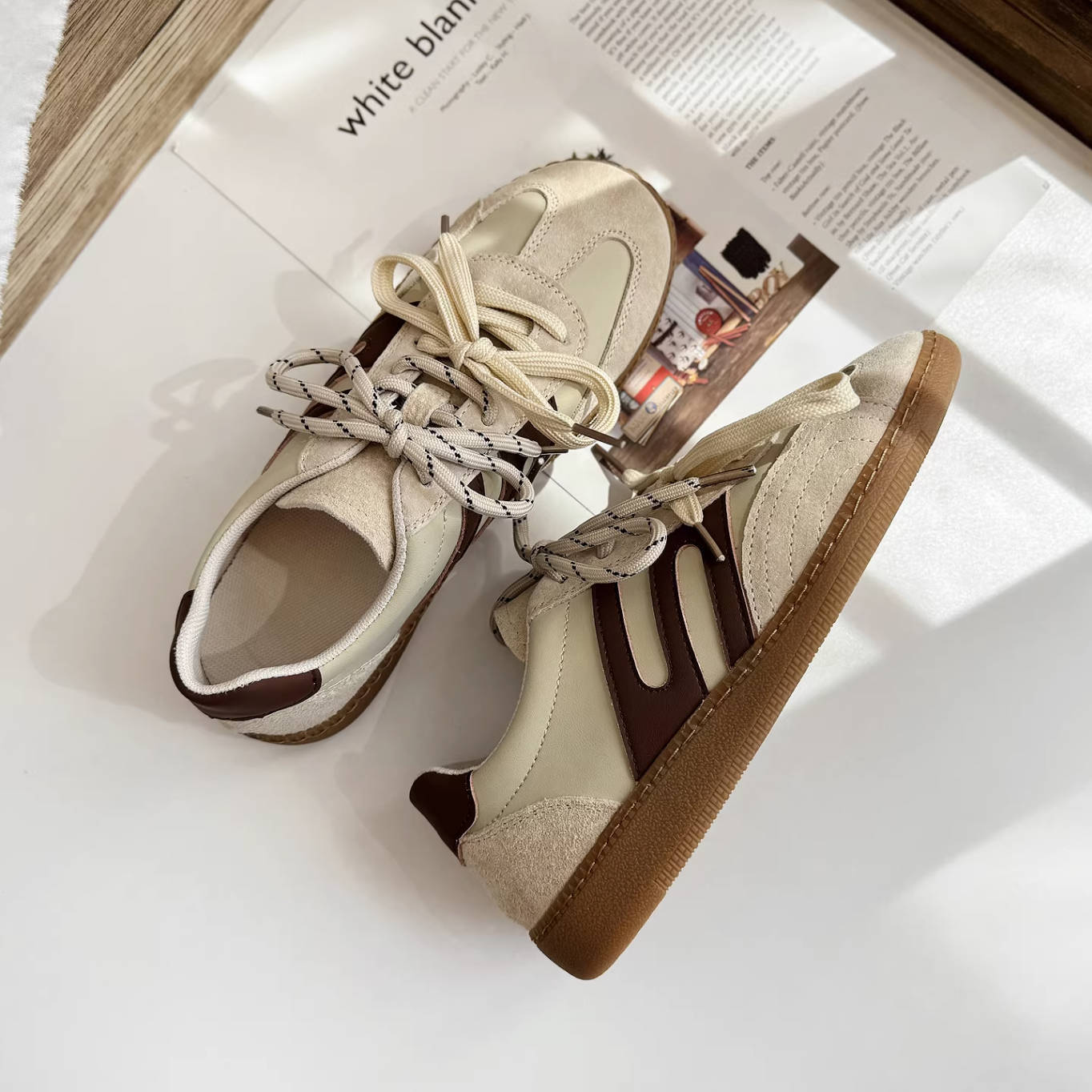 Retro Autumn Leather Patchwork Double Lace-Up Sneakers