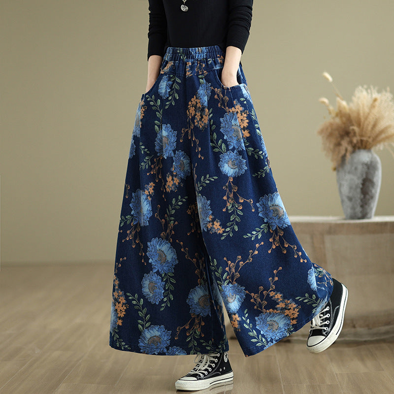 Babakud Women Spring Vintage Denim Printed Floral Wide-Leg Pants
