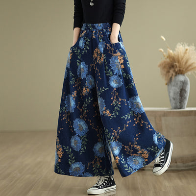 Babakud Women Spring Vintage Denim Printed Floral Wide-Leg Pants