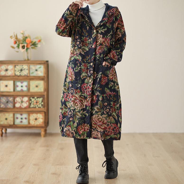 Women Winter Vintage Floral Fleece-Lined Trench Cotton Long Coat