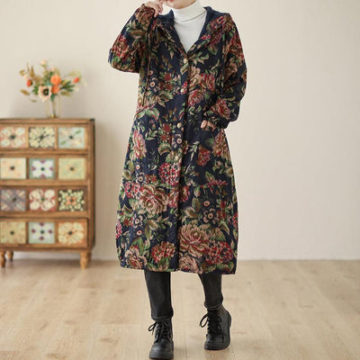 Women Winter Vintage Floral Fleece-Lined Trench Cotton Long Coat