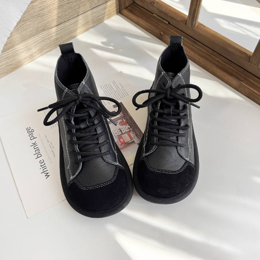 Retro Leather Round Toe Patchwork Soft Sole Lace-Up Ankle Boots