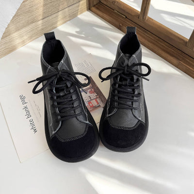 Retro Leather Round Toe Patchwork Soft Sole Lace-Up Ankle Boots
