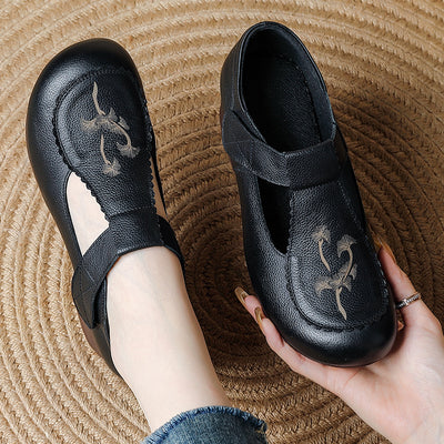 Genuine Leather Round Toe Floral Printed Cut Out Velcro Chunky Shoes