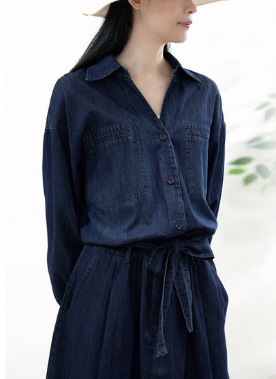 Retro Denim Comfortable Blue Lapel Loose Lace-Up A-Line Dress
