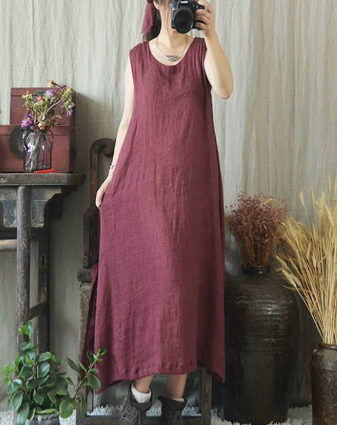 casual linen dress Women Casual Solid Color Sleeveless Cotton Linen Loose Dress – Babakud