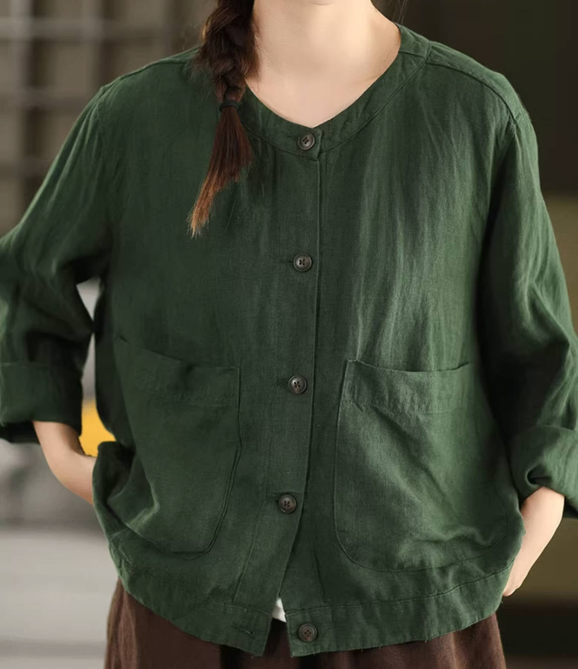 Retro 100% Linen Round Neck Single-Breasted Pockets Shirt