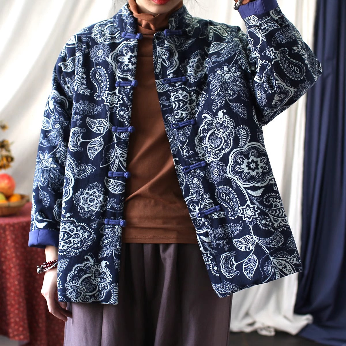 Women Winter Vintage Floral Quilted Cotton Buttoned Jacket