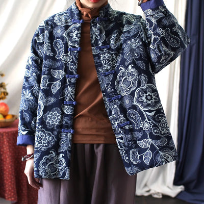 Women Winter Vintage Floral Quilted Cotton Buttoned Jacket