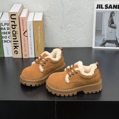 Women Retro Leather Sueded Thick Sole Platform Plush Warm Shoes