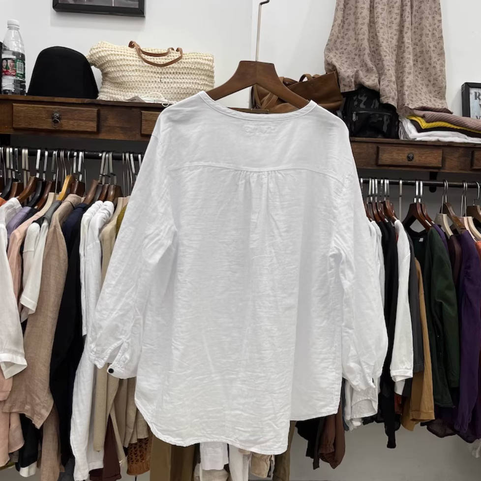 Round Neck Cotton Linen Loose Single-Breasted Shirt