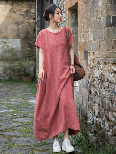 Autumn Cotton Linen Round Neck Short Sleeves Loose Dress