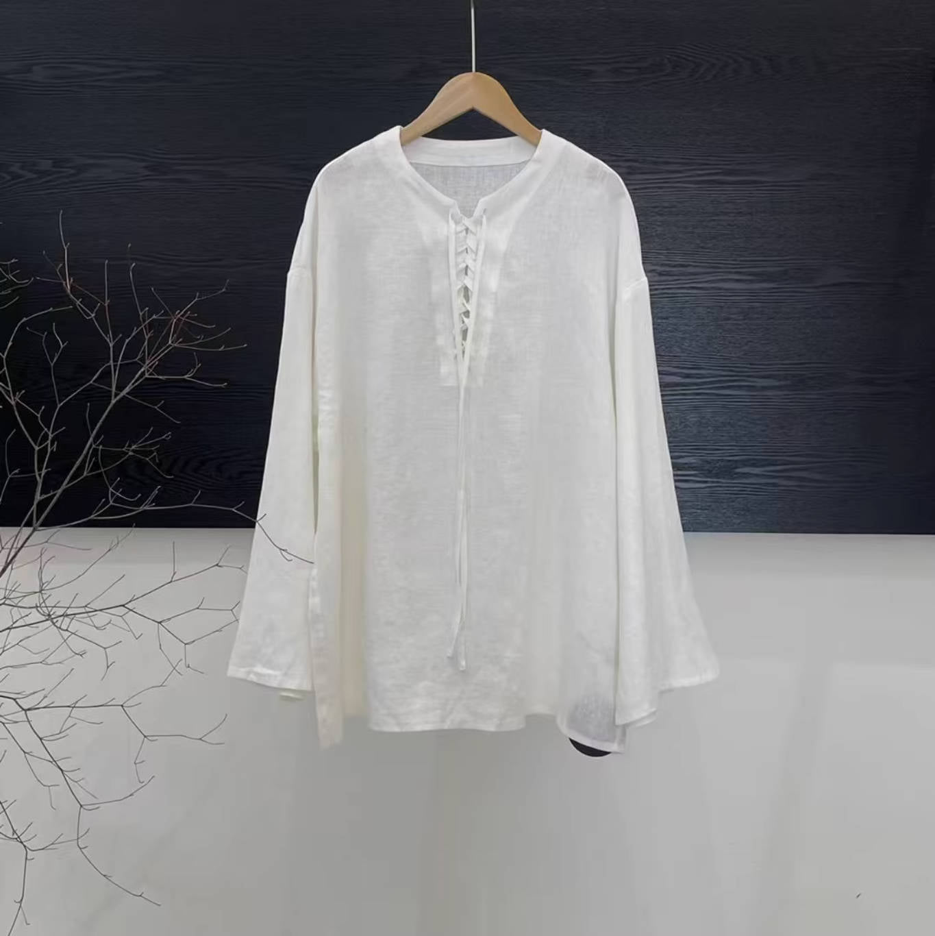 Casual Linen Round Neck Lace-Up Long Sleeves Thin Top