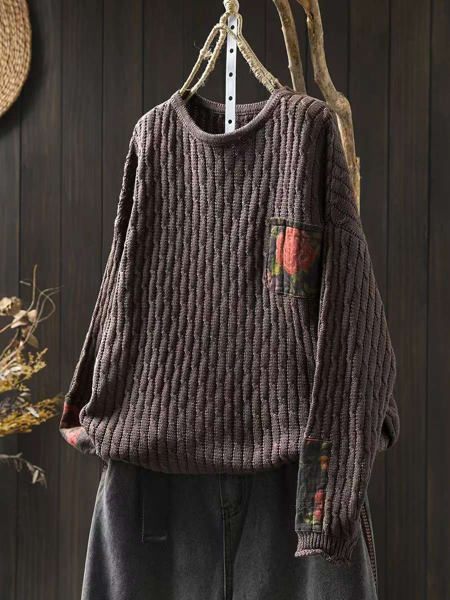 Women Winter Contton Knitted Patchwork Round Neck Sweater
