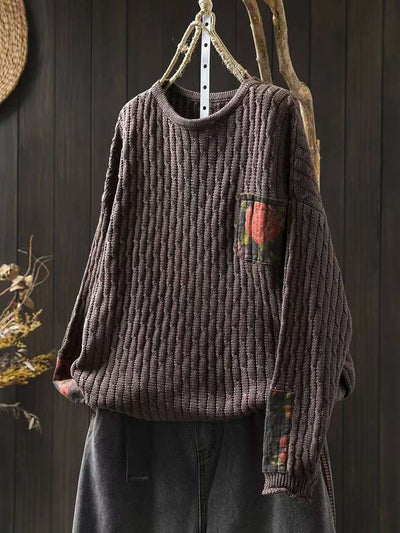 Women Winter Contton Knitted Patchwork Round Neck Sweater