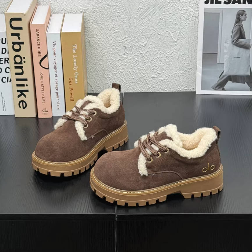 Women Retro Leather Sueded Thick Sole Platform Plush Warm Shoes