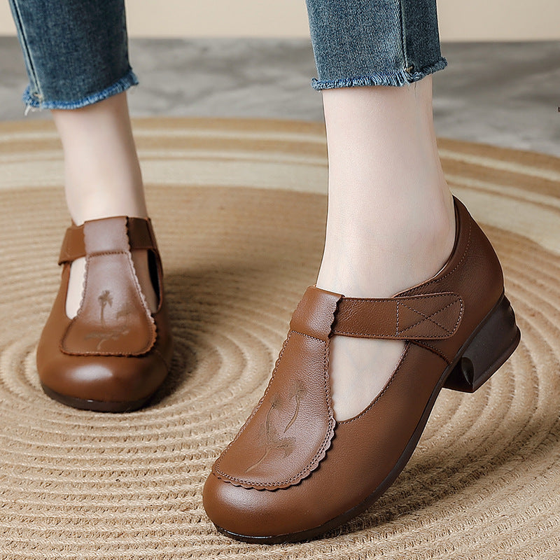 Genuine Leather Round Toe Floral Printed Cut Out Velcro Chunky Shoes