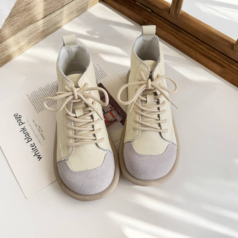 Retro Leather Round Toe Patchwork Soft Sole Lace-Up Ankle Boots