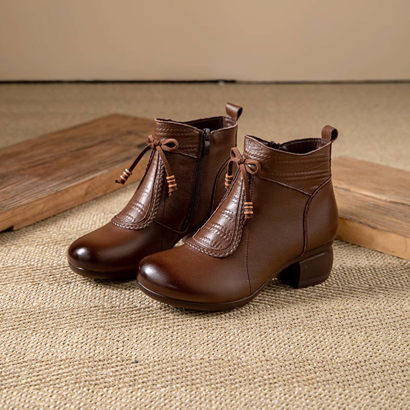 Ethnic Style Leather Chunky Heel Round Toe Side Zipper Boots