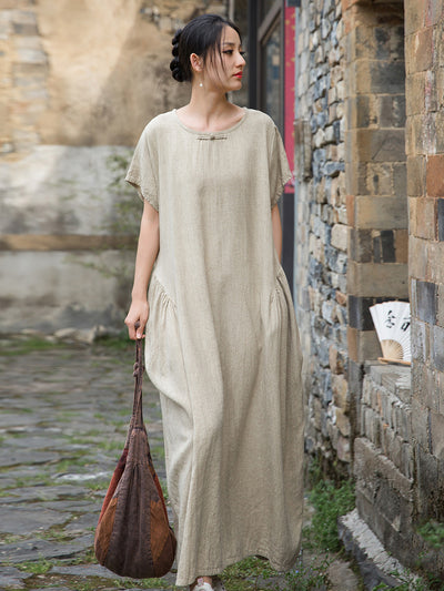 Autumn Cotton Linen Round Neck Short Sleeves Loose Dress
