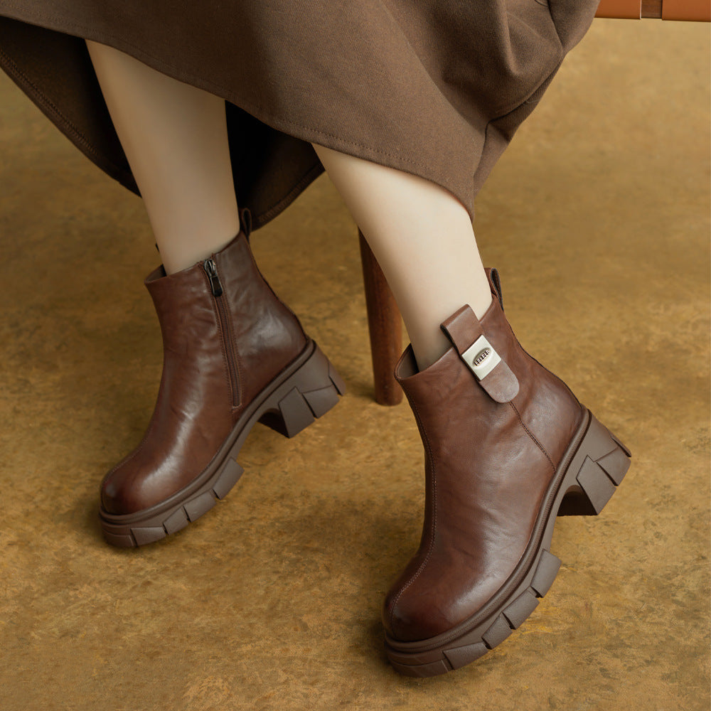 Women Autumn Genuine Leather Chunky Zipper Elegant Ankle Boots