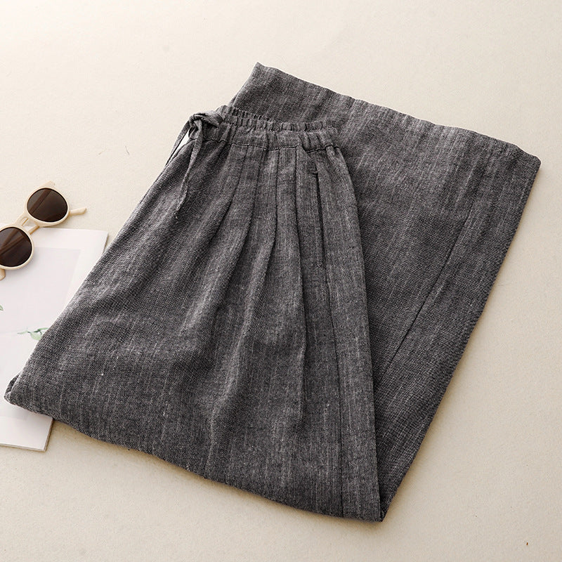 Women Textured Cotton Minimalist Elastic Waist Lace-Up Trousers