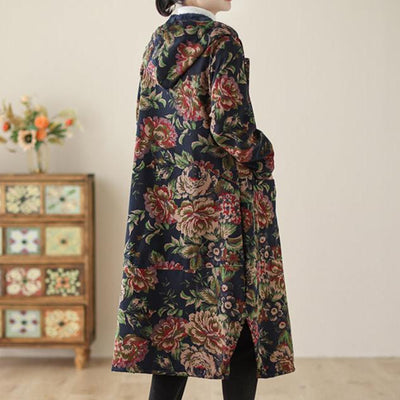 Women Winter Vintage Floral Fleece-Lined Trench Cotton Long Coat
