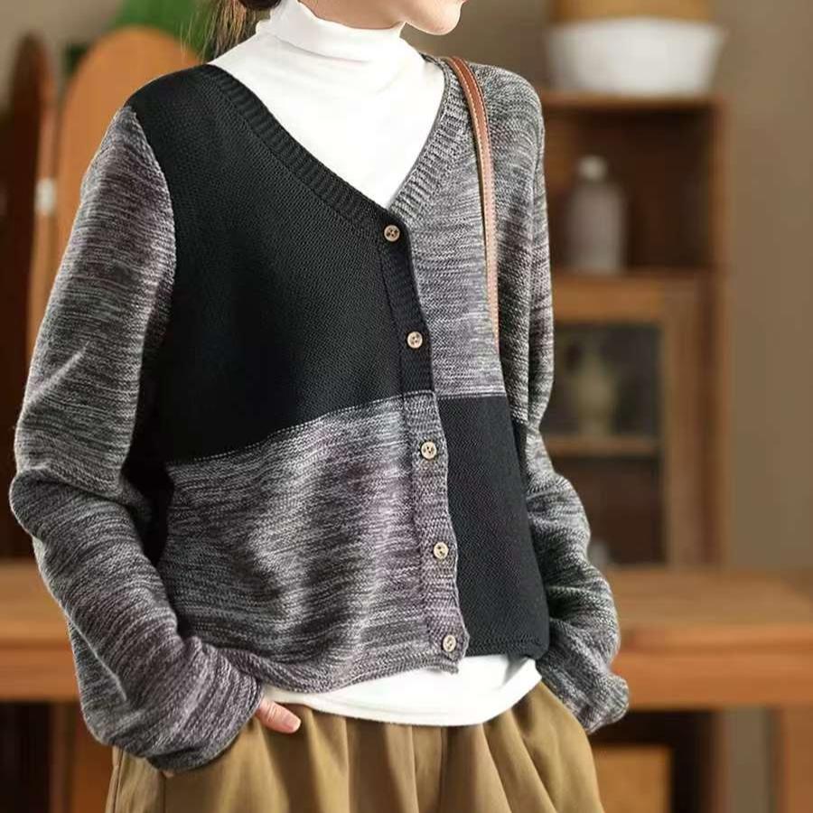 Women Winter Vintage V-Neck Colorblock Cotton Wool Sweater