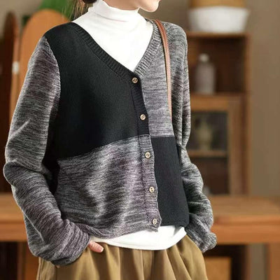Women Winter Vintage V-Neck Colorblock Cotton Wool Sweater