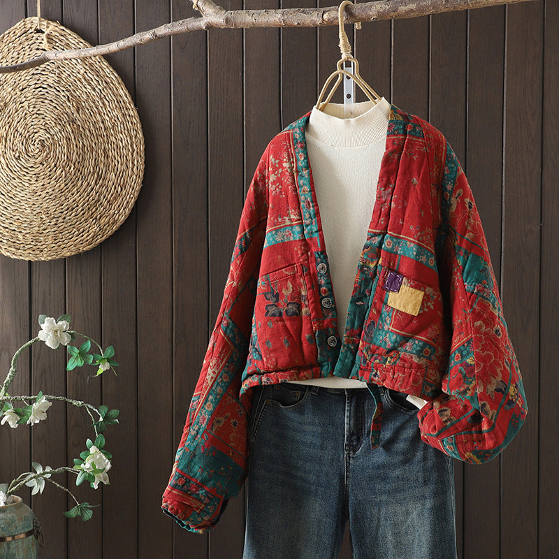 Women Vintage Ethnic Print Batwing Sleeve Loose Fit Jacket