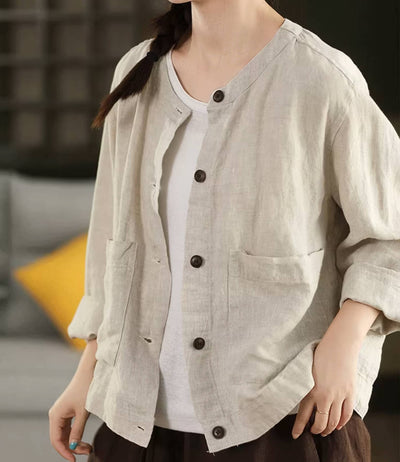 Retro 100% Linen Round Neck Single-Breasted Pockets Shirt