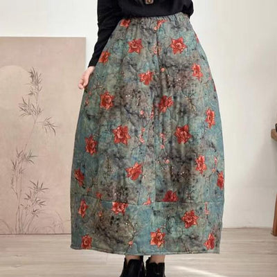 Women Winter Quilted Cotton Linen Floral A-Line Midi Skirt